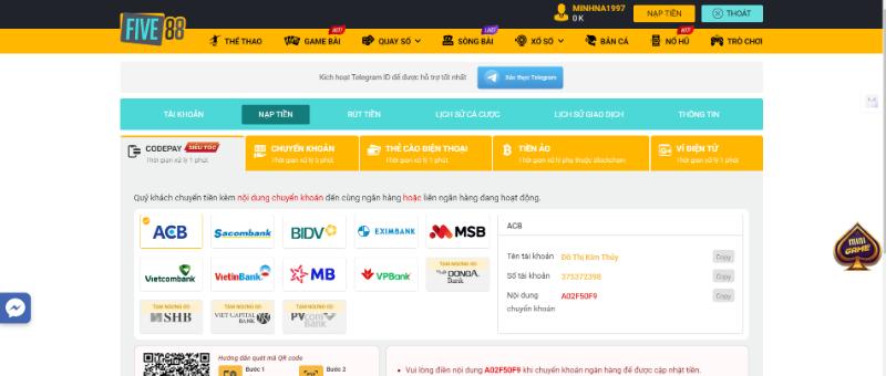 trang chu five88 nap tien Hướng dẫn nạp tiền Five88 nhanh chóng